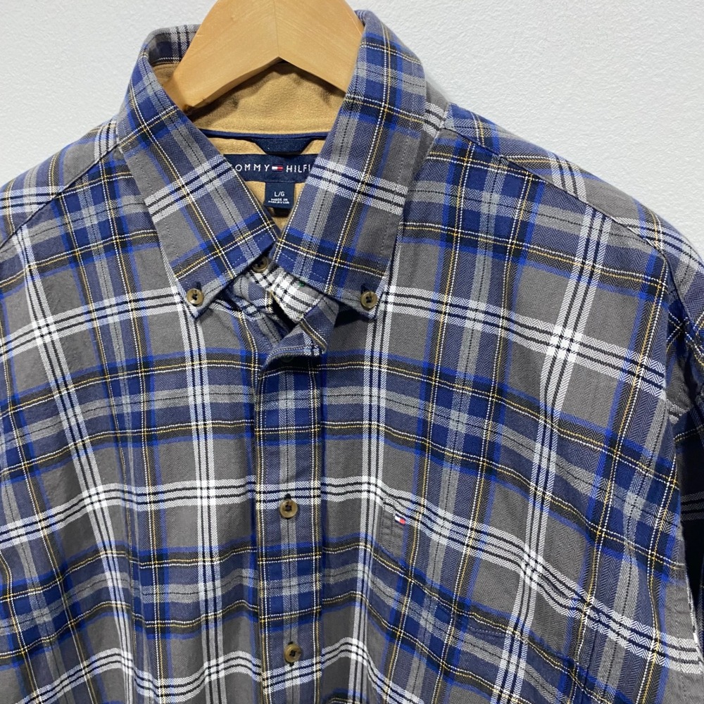 Tommy Hilfiger Blue Gray Plaid Button Up Long Sleeve Casual Shirt Mens Large